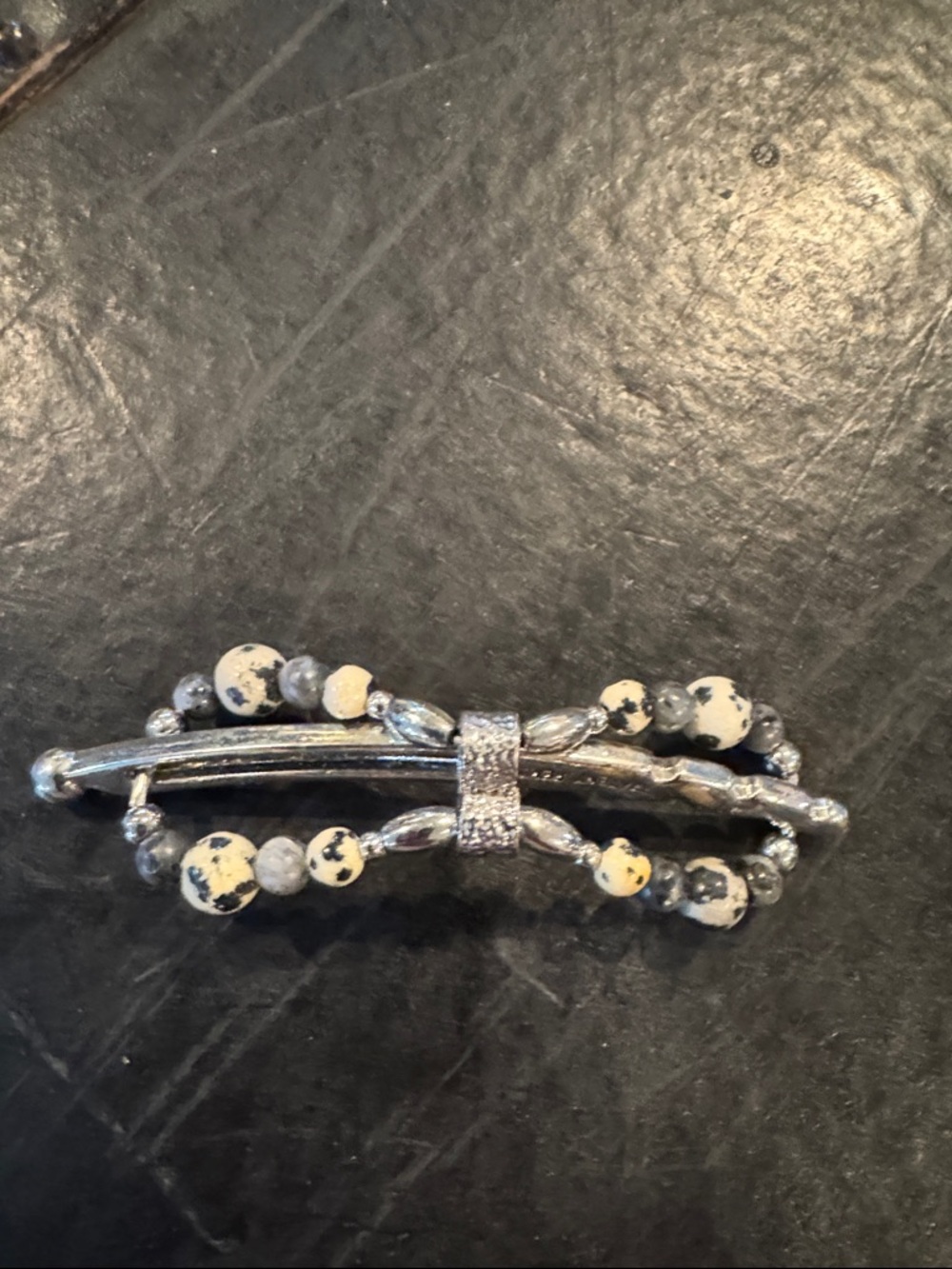 Flexi Flip - Silver Beaded Stone Hair Barrette - Black and Cream Beads